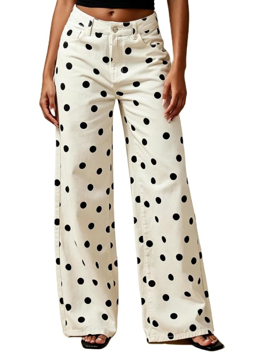 Trendy Polka Dot Wide Leg Jeans | Casual Mid Rise Y2K Boyfriend Denim Pants